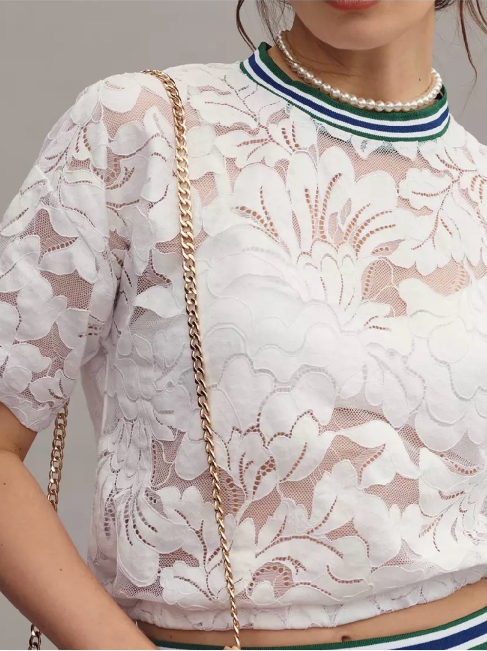 Maeve White Floral Lace Crop Top with Green & Blue Striped Collar